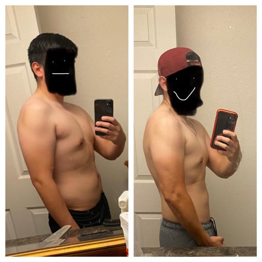 A before and after photo of a 5'7" male showing a weight reduction from 180 pounds to 157 pounds. A total loss of 23 pounds.