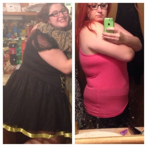 A picture of a 5'5" female showing a weight loss from 250 pounds to 239 pounds. A net loss of 11 pounds.