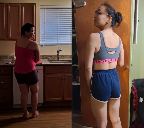 A progress pic of a 5'7" woman showing a fat loss from 223 pounds to 145 pounds. A total loss of 78 pounds.