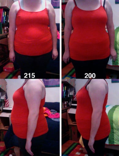 A progress pic of a 5'4" woman showing a fat loss from 215 pounds to 200 pounds. A respectable loss of 15 pounds.