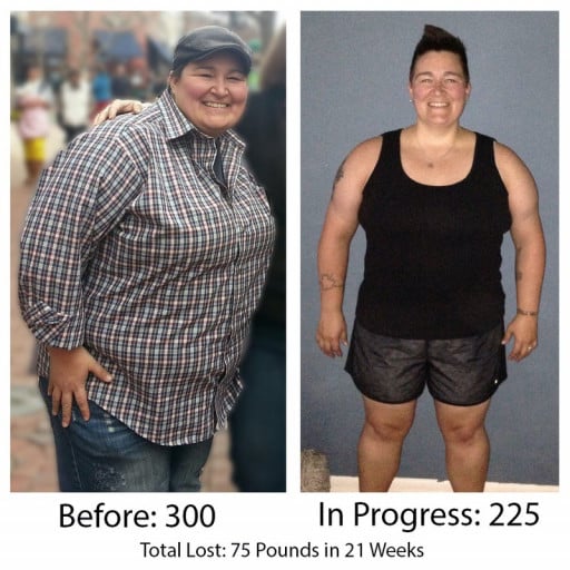 A photo of a 5'4" woman showing a weight cut from 300 pounds to 225 pounds. A total loss of 75 pounds.