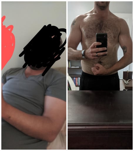 A before and after photo of a 6'2" male showing a weight reduction from 250 pounds to 210 pounds. A net loss of 40 pounds.
