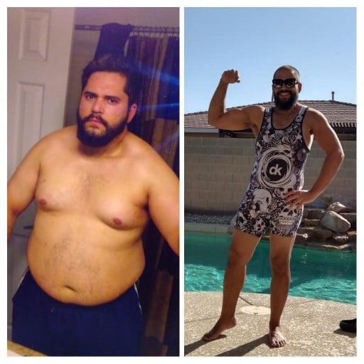 A picture of a 5'9" male showing a weight loss from 310 pounds to 185 pounds. A net loss of 125 pounds.