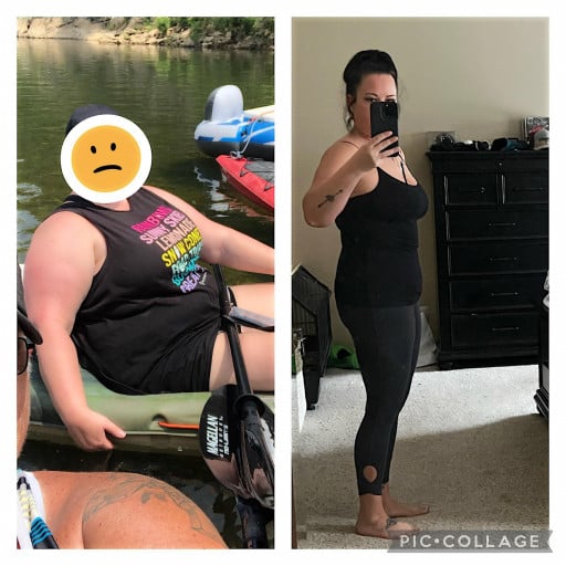 A before and after photo of a 5'2" female showing a weight reduction from 240 pounds to 160 pounds. A respectable loss of 80 pounds.