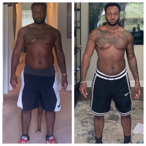 A before and after photo of a 5'9" male showing a weight reduction from 216 pounds to 205 pounds. A respectable loss of 11 pounds.