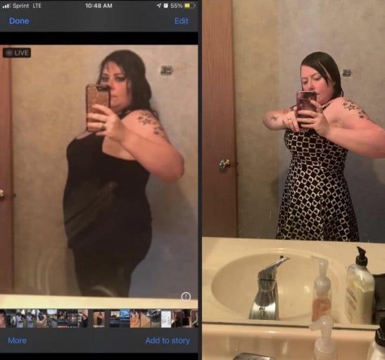 A photo of a 5'4" woman showing a weight cut from 236 pounds to 169 pounds. A respectable loss of 67 pounds.