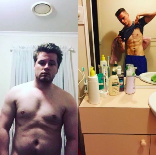 A progress pic of a 5'10" man showing a fat loss from 222 pounds to 151 pounds. A total loss of 71 pounds.