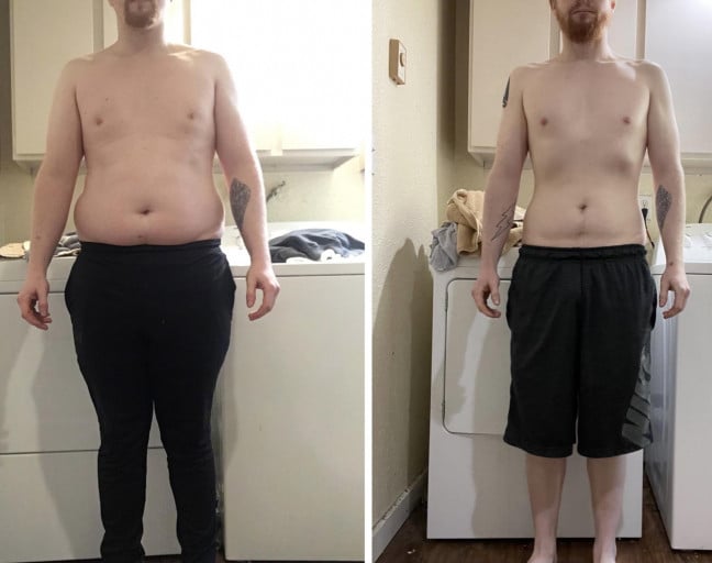 A photo of a 5'8" man showing a weight cut from 212 pounds to 162 pounds. A net loss of 50 pounds.