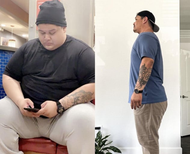 A progress pic of a 6'4" man showing a fat loss from 503 pounds to 346 pounds. A net loss of 157 pounds.