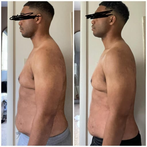 A progress pic of a 5'7" man showing a fat loss from 192 pounds to 186 pounds. A net loss of 6 pounds.