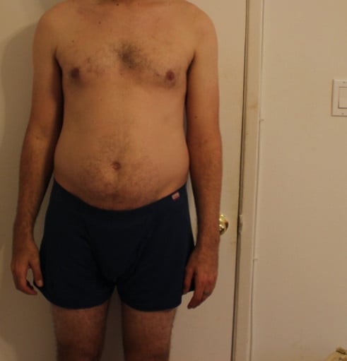 A before and after photo of a 6'3" male showing a snapshot of 227 pounds at a height of 6'3