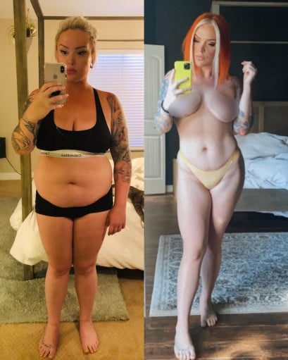 Before and After 59 lbs Fat Loss 5'5 Female 218 lbs to 159 lbs