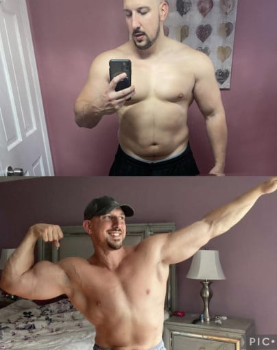 A photo of a 5'10" man showing a weight cut from 235 pounds to 195 pounds. A net loss of 40 pounds.