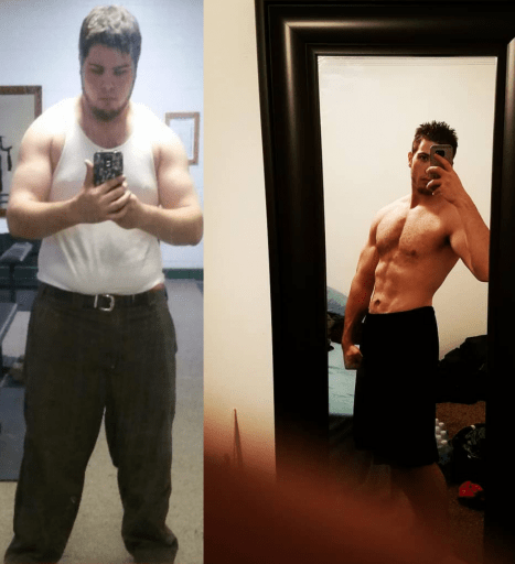 A picture of a 5'11" male showing a weight loss from 265 pounds to 170 pounds. A net loss of 95 pounds.