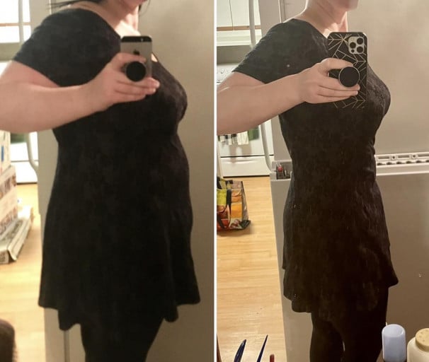 A picture of a 5'6" female showing a weight loss from 235 pounds to 170 pounds. A respectable loss of 65 pounds.