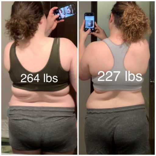 A picture of a 5'7" female showing a weight loss from 264 pounds to 227 pounds. A net loss of 37 pounds.