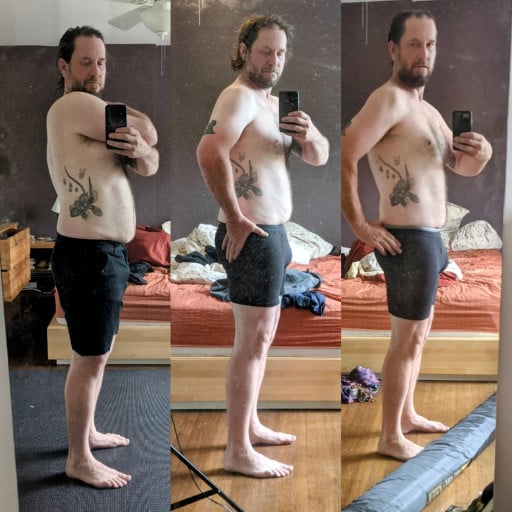 A picture of a 5'11" male showing a weight loss from 227 pounds to 197 pounds. A respectable loss of 30 pounds.