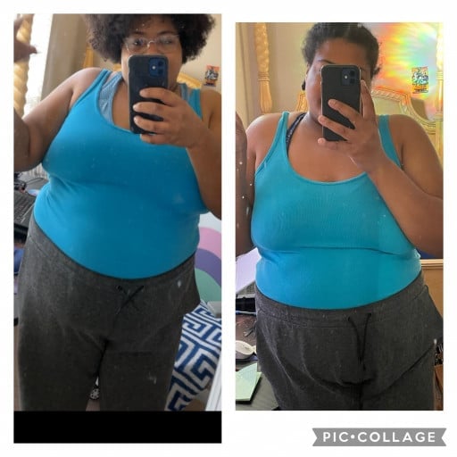 A picture of a 5'7" female showing a weight loss from 300 pounds to 280 pounds. A total loss of 20 pounds.