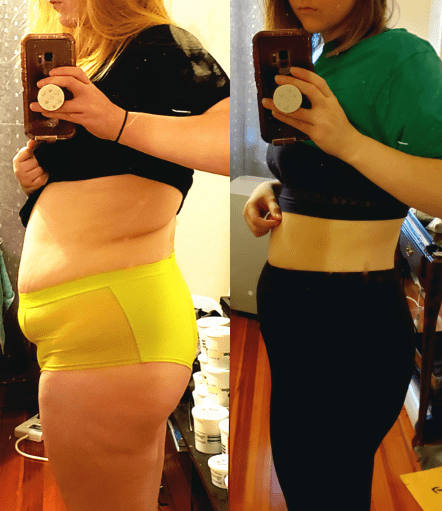A picture of a 5'6" female showing a weight loss from 185 pounds to 165 pounds. A net loss of 20 pounds.