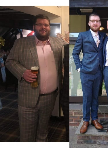A photo of a 6'3" man showing a weight cut from 399 pounds to 213 pounds. A respectable loss of 186 pounds.