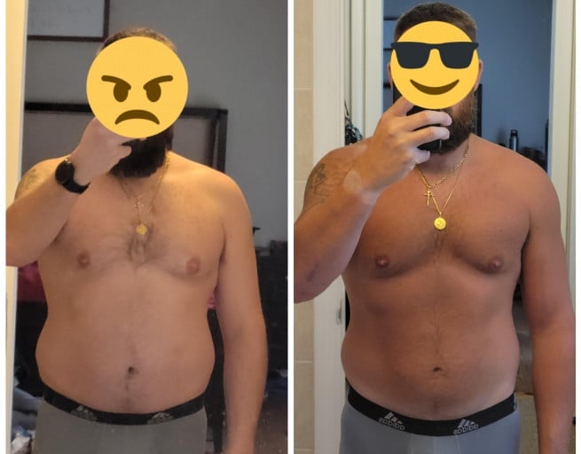 Before and After 30 lbs Fat Loss 5 feet 8 Male 210 lbs to 180 lbs