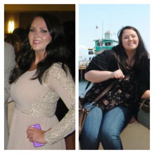 A picture of a 5'6" female showing a weight loss from 220 pounds to 160 pounds. A respectable loss of 60 pounds.