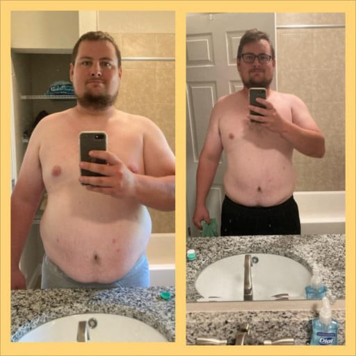 A picture of a 6'1" male showing a weight loss from 330 pounds to 265 pounds. A net loss of 65 pounds.