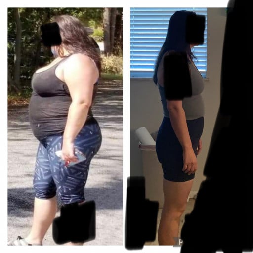 A picture of a 5'7" female showing a weight loss from 275 pounds to 175 pounds. A total loss of 100 pounds.