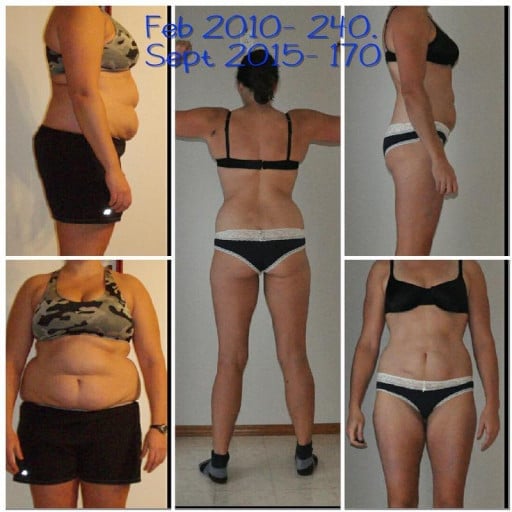 A progress pic of a 5'9" woman showing a fat loss from 240 pounds to 170 pounds. A net loss of 70 pounds.