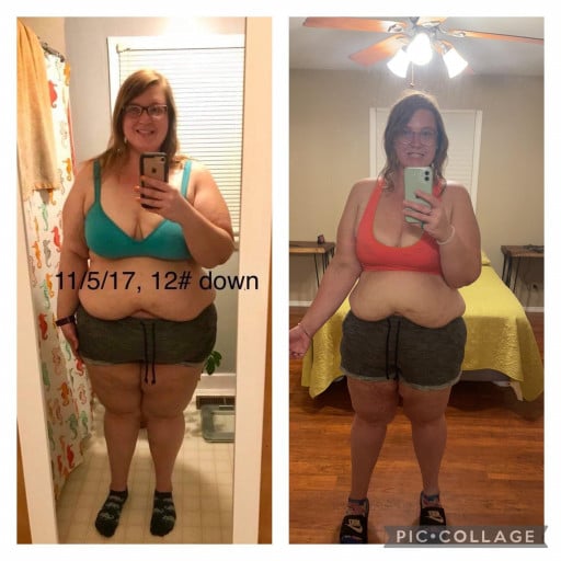 A progress pic of a 5'8" woman showing a fat loss from 304 pounds to 237 pounds. A respectable loss of 67 pounds.