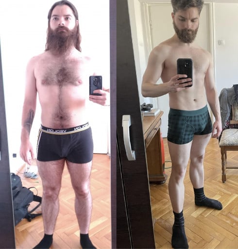 A progress pic of a 5'6" man showing a fat loss from 165 pounds to 138 pounds. A total loss of 27 pounds.