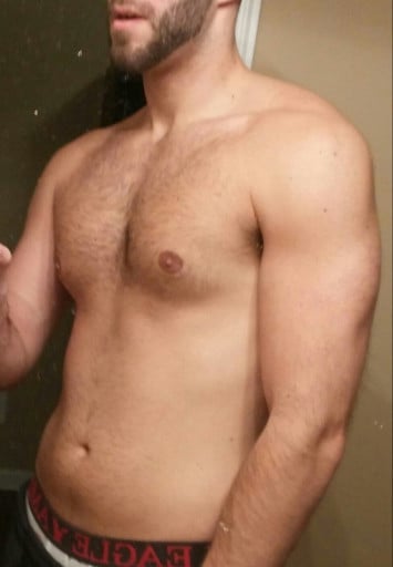 A picture of a 5'11" male showing a fat loss from 215 pounds to 173 pounds. A respectable loss of 42 pounds.