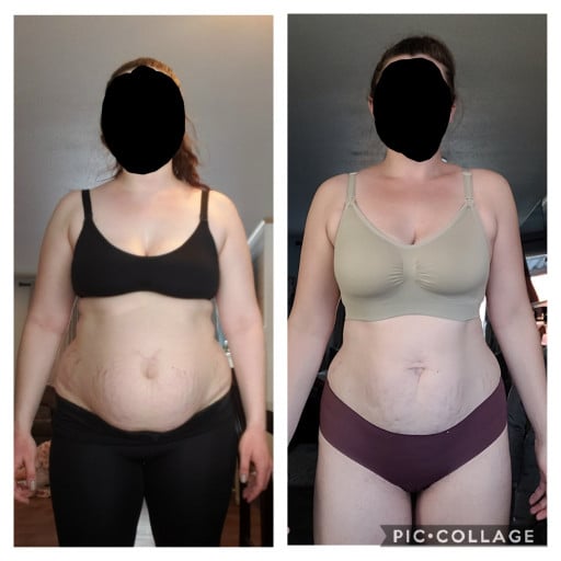A progress pic of a 5'11" woman showing a fat loss from 232 pounds to 208 pounds. A respectable loss of 24 pounds.