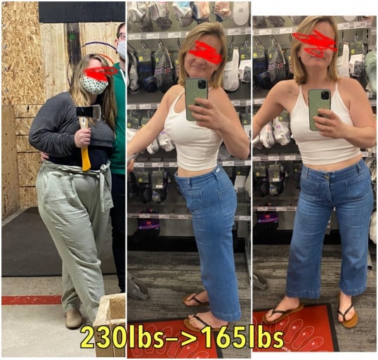A before and after photo of a 5'4" female showing a weight reduction from 230 pounds to 165 pounds. A net loss of 65 pounds.