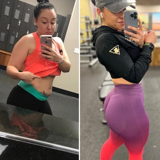 A before and after photo of a 5'7" female showing a weight reduction from 160 pounds to 130 pounds. A respectable loss of 30 pounds.