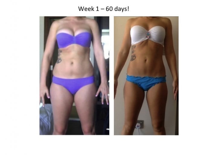 A progress pic of a 5'10" woman showing a fat loss from 175 pounds to 156 pounds. A net loss of 19 pounds.