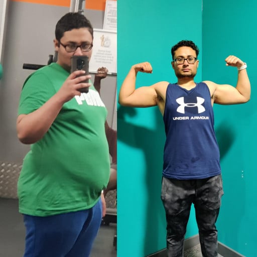 A progress pic of a 5'6" man showing a fat loss from 265 pounds to 170 pounds. A total loss of 95 pounds.