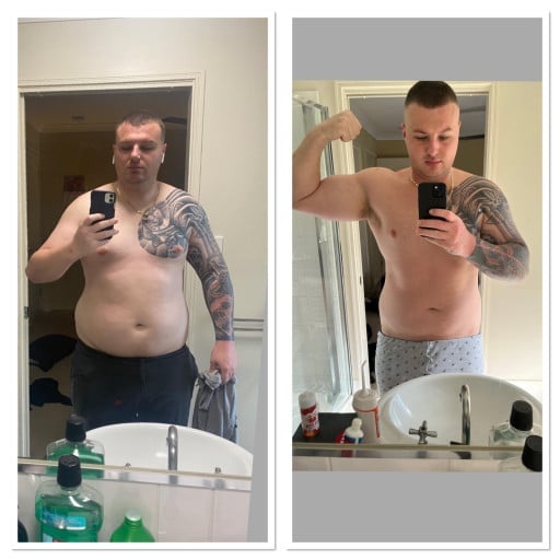 A before and after photo of a 6'0" male showing a weight reduction from 301 pounds to 260 pounds. A total loss of 41 pounds.