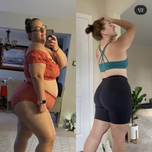 A progress pic of a 5'7" woman showing a fat loss from 317 pounds to 213 pounds. A respectable loss of 104 pounds.