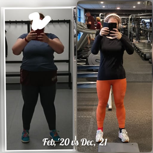A progress pic of a 5'4" woman showing a fat loss from 267 pounds to 147 pounds. A net loss of 120 pounds.
