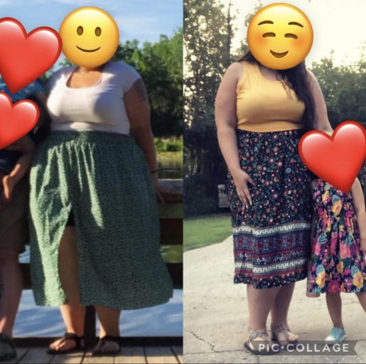 A before and after photo of a 5'7" female showing a weight reduction from 325 pounds to 289 pounds. A total loss of 36 pounds.