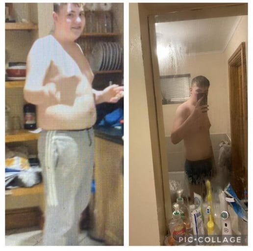 A before and after photo of a 6'0" male showing a weight reduction from 224 pounds to 169 pounds. A total loss of 55 pounds.
