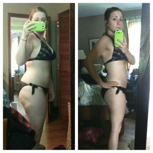 A picture of a 5'2" female showing a weight cut from 150 pounds to 120 pounds. A total loss of 30 pounds.