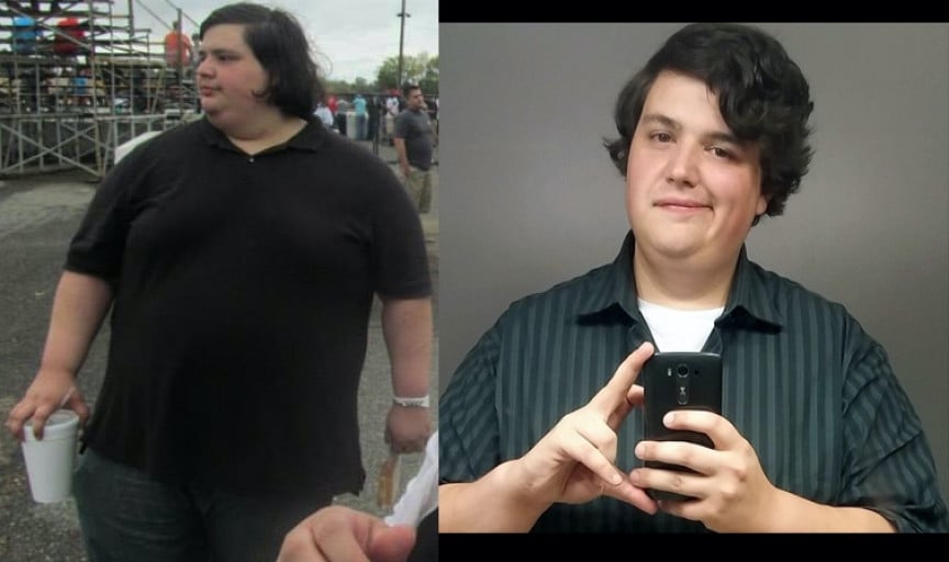 A picture of a 5'7" male showing a weight loss from 450 pounds to 300 pounds. A net loss of 150 pounds.