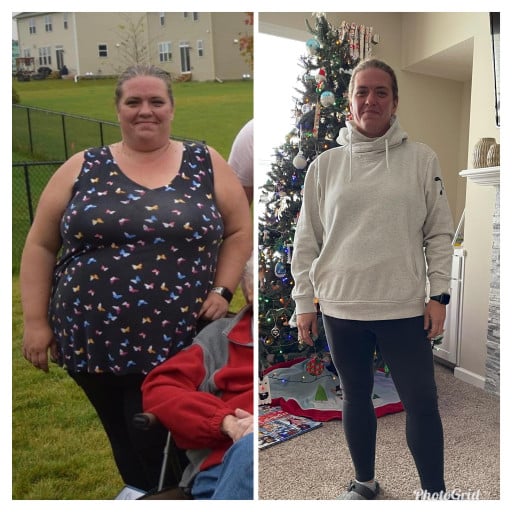 A before and after photo of a 5'5" female showing a weight reduction from 302 pounds to 178 pounds. A total loss of 124 pounds.