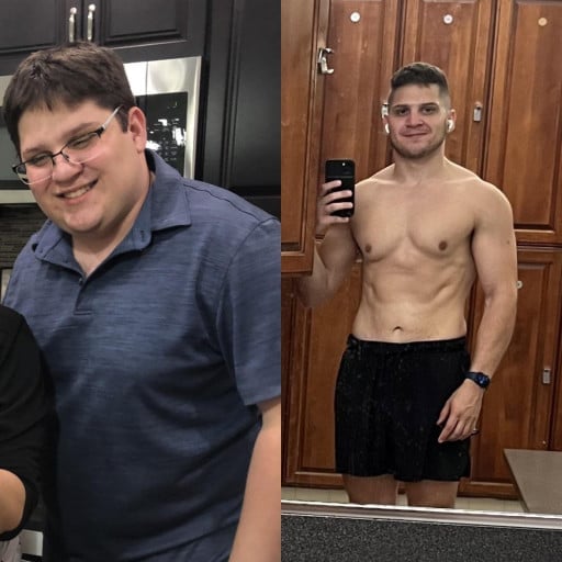 A progress pic of a 5'7" man showing a fat loss from 260 pounds to 170 pounds. A total loss of 90 pounds.