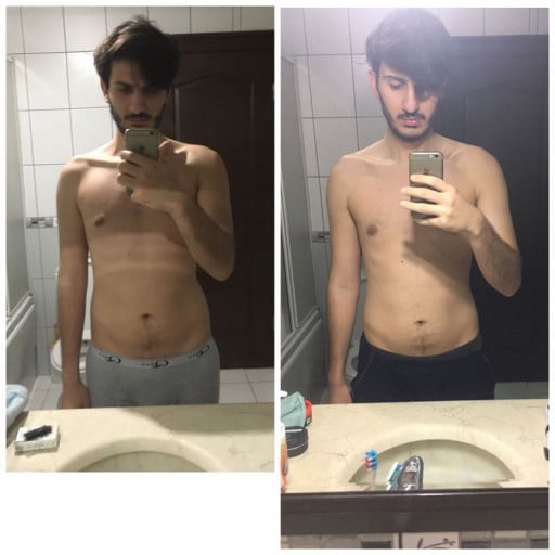 A before and after photo of a 6'0" male showing a weight reduction from 176 pounds to 169 pounds. A total loss of 7 pounds.