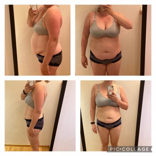 A before and after photo of a 5'5" female showing a weight reduction from 210 pounds to 168 pounds. A respectable loss of 42 pounds.