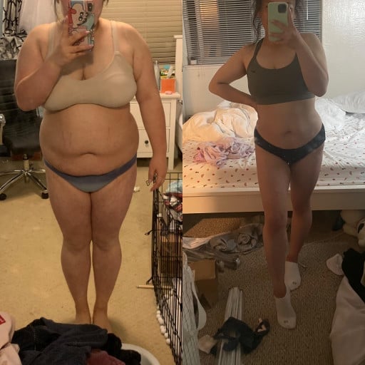 Before and After 68 lbs Fat Loss 5 foot 1 Female 196 lbs to 128 lbs