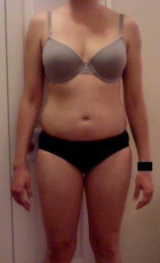 A before and after photo of a 5'3" female showing a snapshot of 135 pounds at a height of 5'3